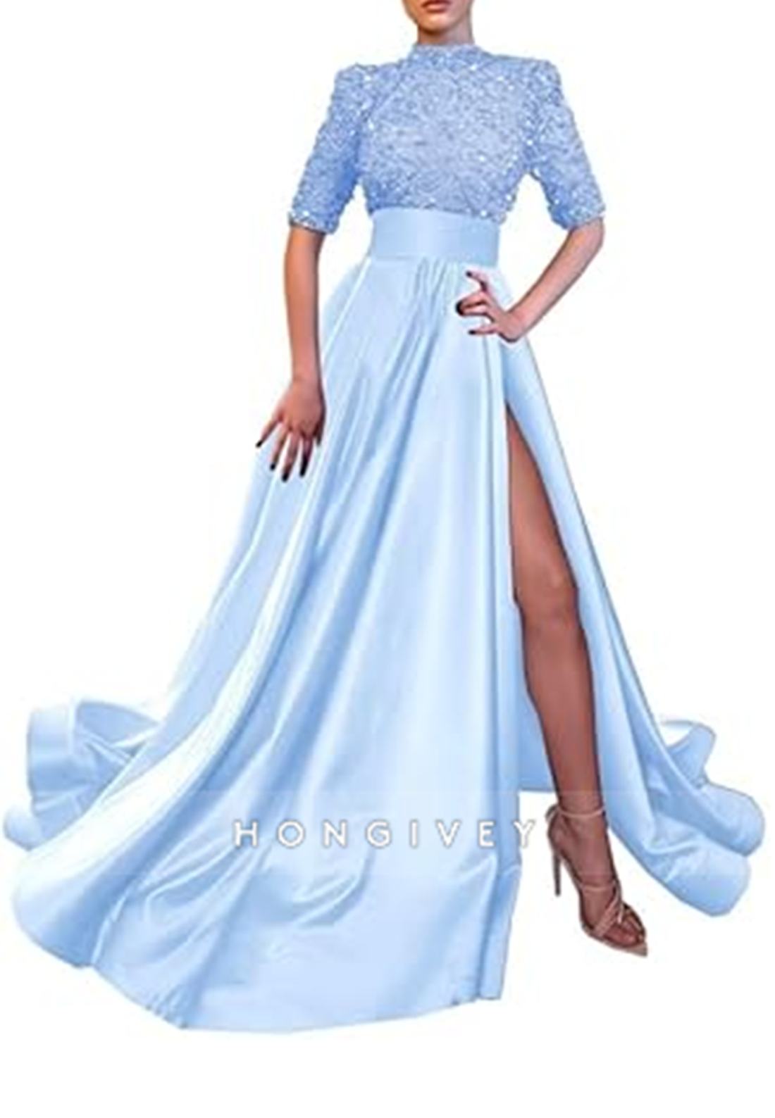 A-Line High Neck Half Sleeves Sequined With Side Slit Long Prom Dress