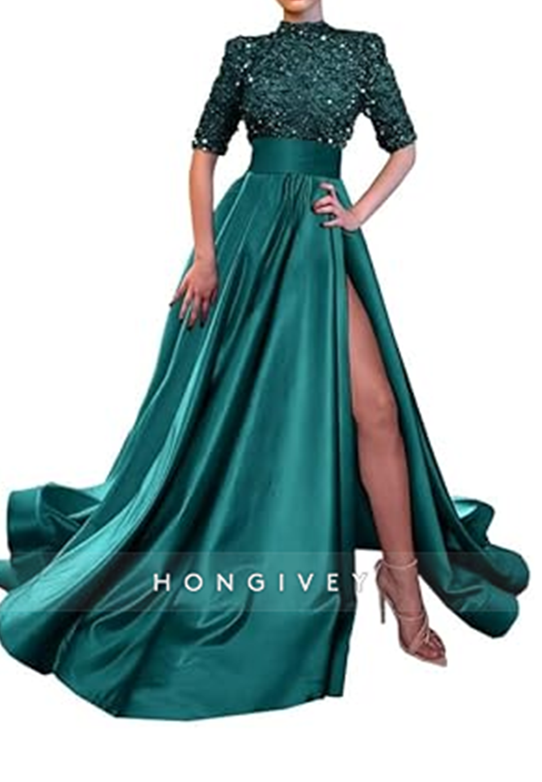 A-Line High Neck Half Sleeves Sequined With Side Slit Long Prom Dress