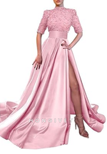 A-Line High Neck Half Sleeves Sequined With Side Slit Long Prom Dress