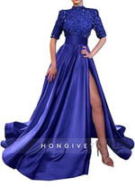 A-Line High Neck Half Sleeves Sequined With Side Slit Long Prom Dress