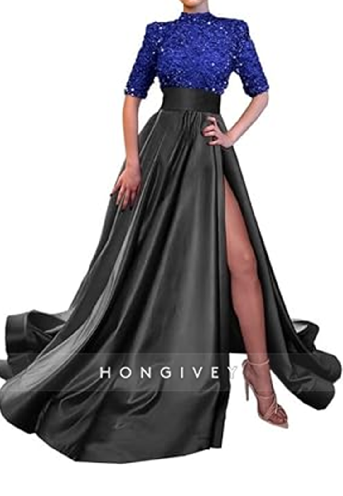 L0983 - Sparkly Sequined Paneled With Train and High Slit Prom Formal Evening Party Dress