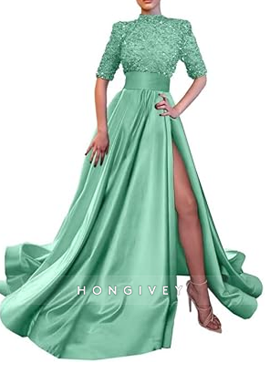 A-Line High Neck Half Sleeves Sequined With Side Slit Long Prom Dress