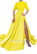 A-Line High Neck Half Sleeves Sequined With Side Slit Long Prom Dress