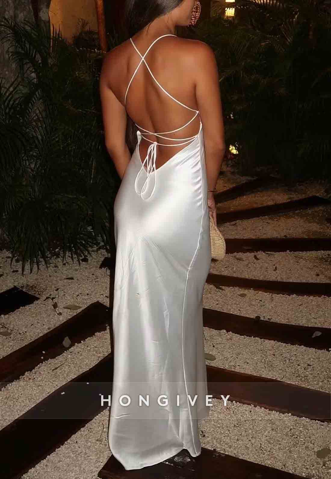 Simple Spaghetti Straps Sheath White Long Party Dress with Criss Cross Back