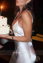 Simple Spaghetti Straps Sheath White Long Party Dress with Criss Cross Back