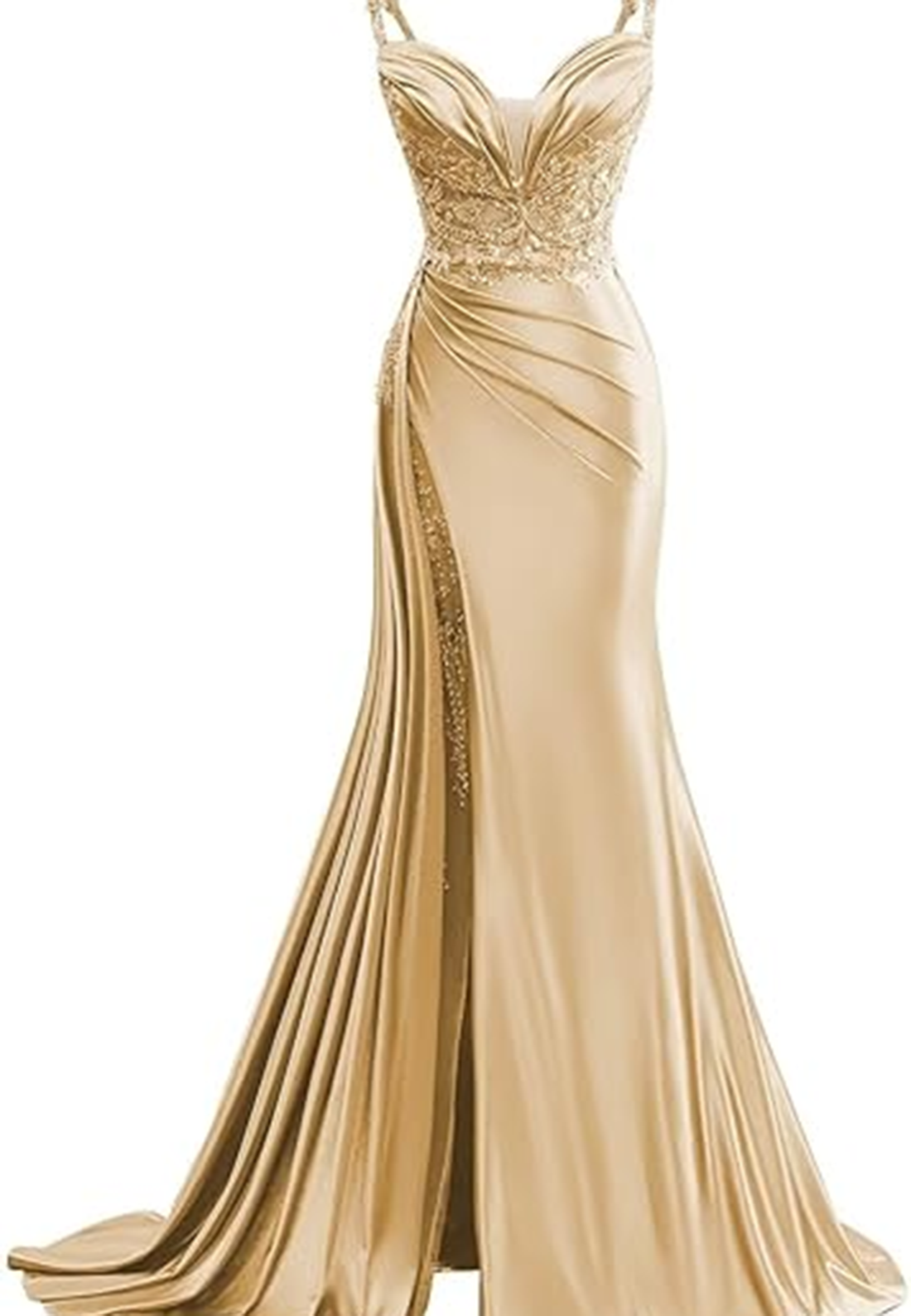 L1495 - Sexy Illusion Satin Fitted Sweetheart Spaghetti Straps Empire Ruched With Train Party Prom Evening Dress