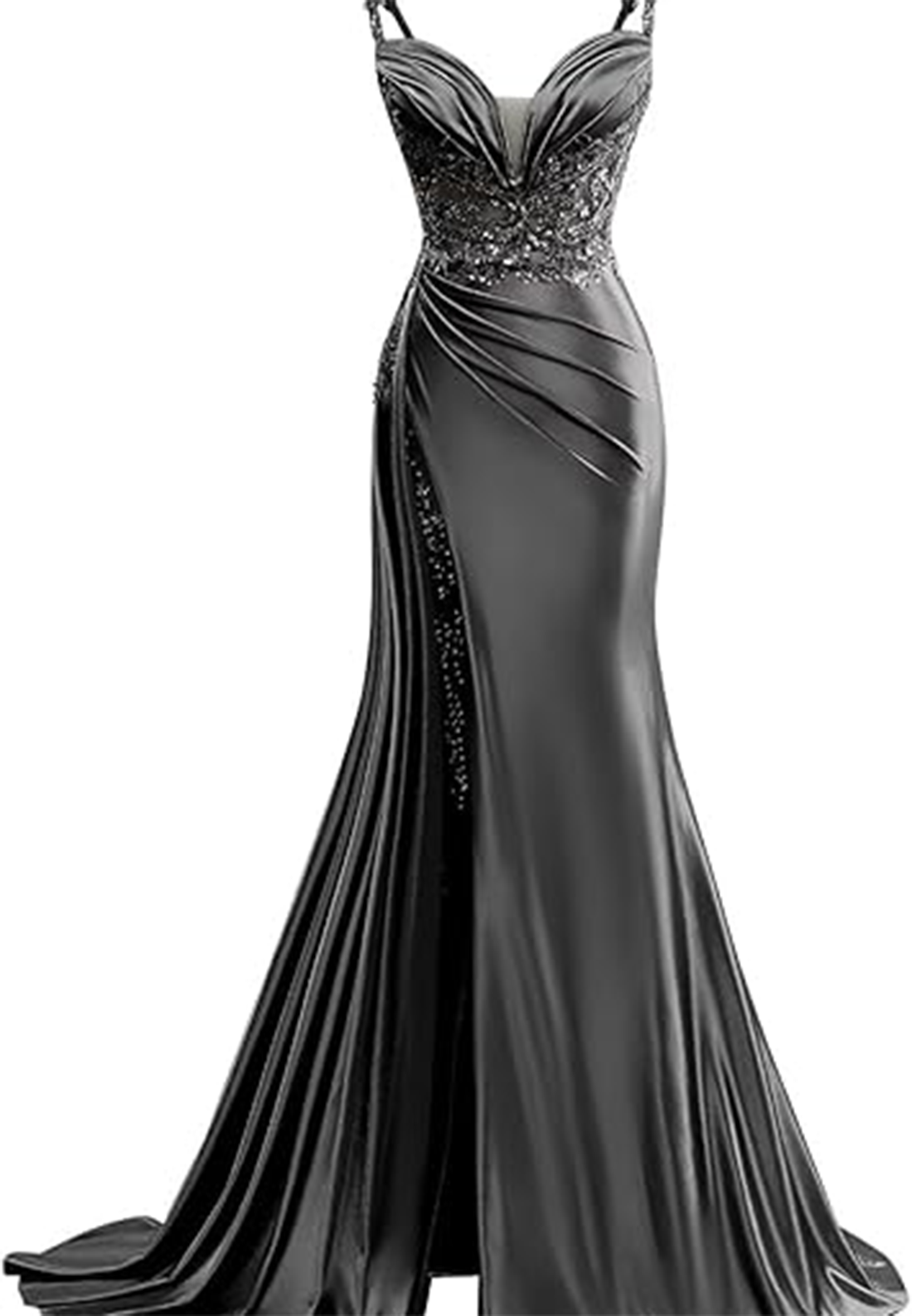 L1495 - Sexy Illusion Satin Fitted Sweetheart Spaghetti Straps Empire Ruched With Train Party Prom Evening Dress