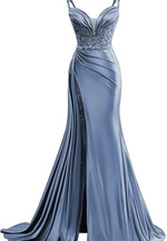 L1495 - Sexy Illusion Satin Fitted Sweetheart Spaghetti Straps Empire Ruched With Train Party Prom Evening Dress