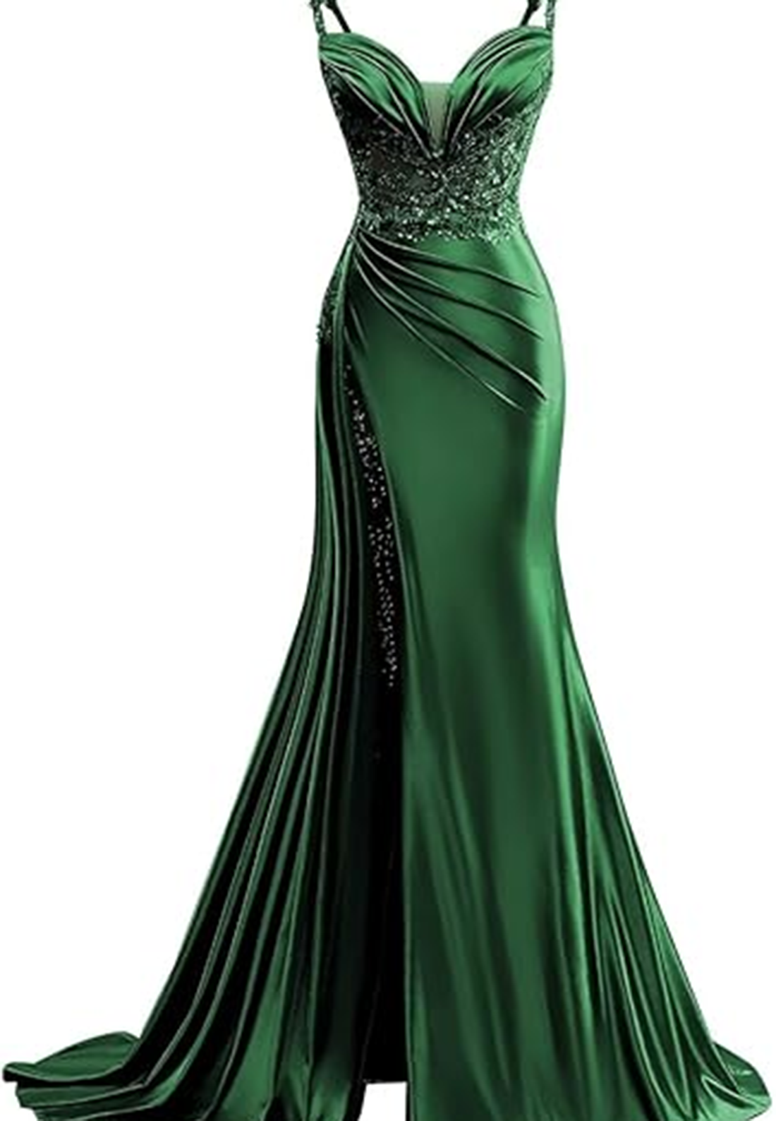 L1495 - Sexy Illusion Satin Fitted Sweetheart Spaghetti Straps Empire Ruched With Train Party Prom Evening Dress