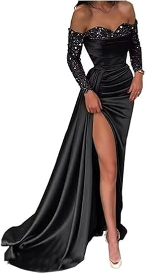 Casual Satin Fitted Sweetheart Sequined With Side Slit Long Prom Dress