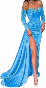 Casual Satin Fitted Sweetheart Sequined With Side Slit Long Prom Dress