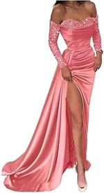 Casual Satin Fitted Sweetheart Sequined With Side Slit Long Prom Dress