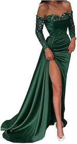 Casual Satin Fitted Sweetheart Sequined With Side Slit Long Prom Dress