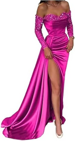 Casual Satin Fitted Sweetheart Sequined With Side Slit Long Prom Dress