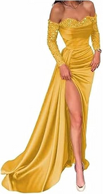 Casual Satin Fitted Sweetheart Sequined With Side Slit Long Prom Dress