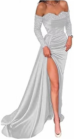 Casual Satin Fitted Sweetheart Sequined With Side Slit Long Prom Dress