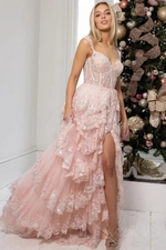 L1067 - Sweet Fully Lace Illusion With Train And Slit Cake Evening Formal Party Prom Dress