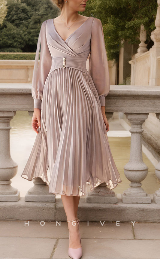 HM257 - Chiffon V-Neck A-Line Long Sleeve Mother of the Bride Dress