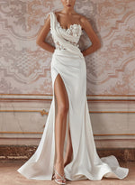 Exquisite Ruched One-Shoulder Sequined Illusion Corset Wedding Dresses With 3D Floral