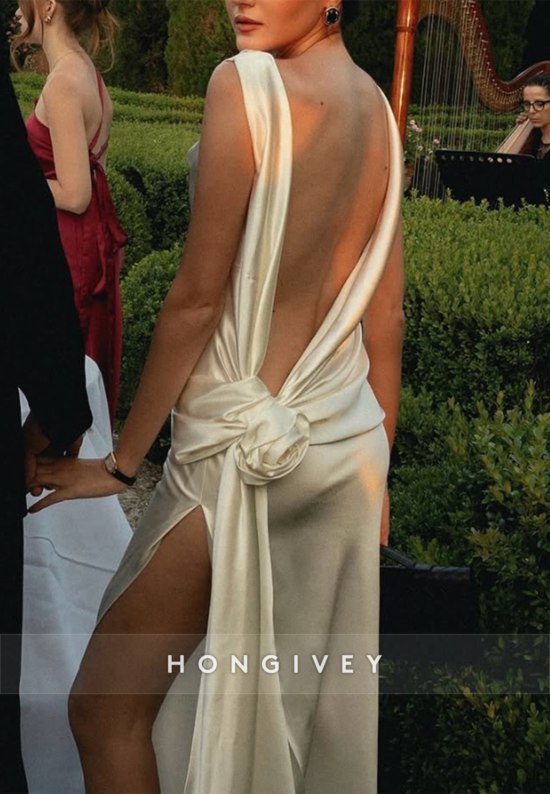 Sexy Cowl Neck Low Back Sleeveless Satin Side Slit Cap Straps Wedding Dresses