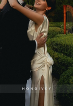 Sexy Cowl Neck Low Back Sleeveless Satin Side Slit Cap Straps Wedding Dresses