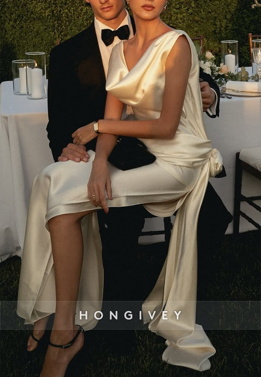 Sexy Cowl Neck Low Back Sleeveless Satin Side Slit Cap Straps Wedding Dresses