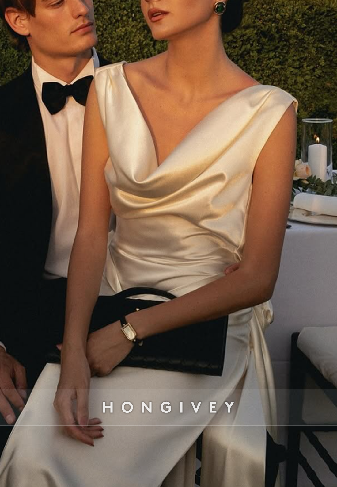 Sexy Cowl Neck Low Back Sleeveless Satin Side Slit Cap Straps Wedding Dresses