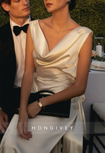 Sexy Cowl Neck Low Back Sleeveless Satin Side Slit Cap Straps Wedding Dresses