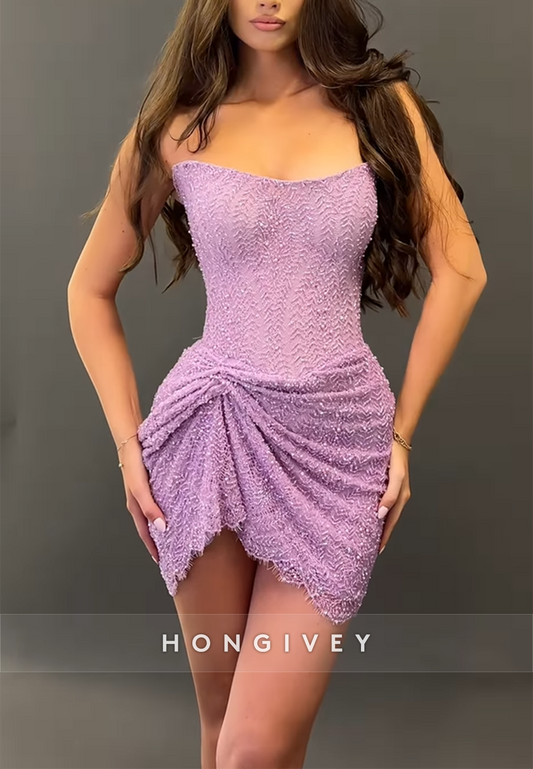 Elegant Lilac Strapless Pleated Sleeveless Mini Sheath Homecoming Dresses