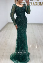 Floor-Length Long Sleeves Beading Mermaid Pleated Evening Gowns