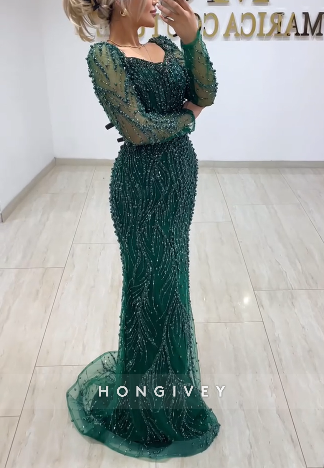 Floor-Length Long Sleeves Beading Mermaid Pleated Evening Gowns