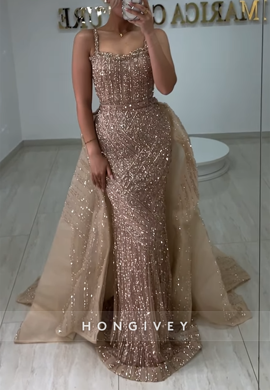 Sparkling Detachable Regular Straps Beading Sleeveless Mermaid Evening Gowns