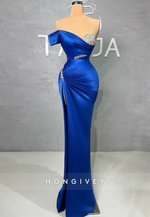 High Slit Pleated Floor-Length Satin Mermaid Evening Gowns With Brading