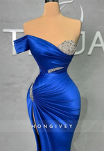 High Slit Pleated Floor-Length Satin Mermaid Evening Gowns With Brading