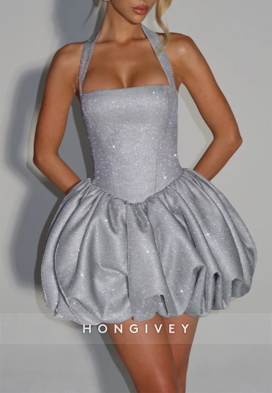 Halter Crisscross Back Glitter Sleeveless A-Line Square Neck Mini Homecoming Dresses