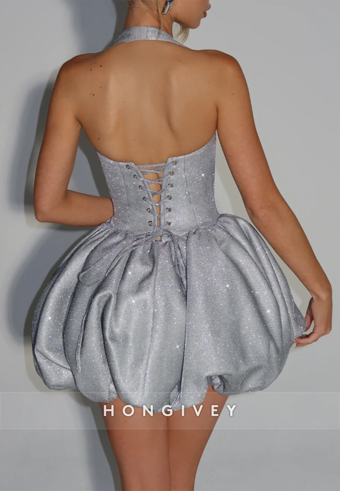 Halter Crisscross Back Glitter Sleeveless A-Line Square Neck Mini Homecoming Dresses