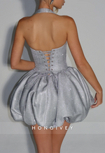 Halter Crisscross Back Glitter Sleeveless A-Line Square Neck Mini Homecoming Dresses