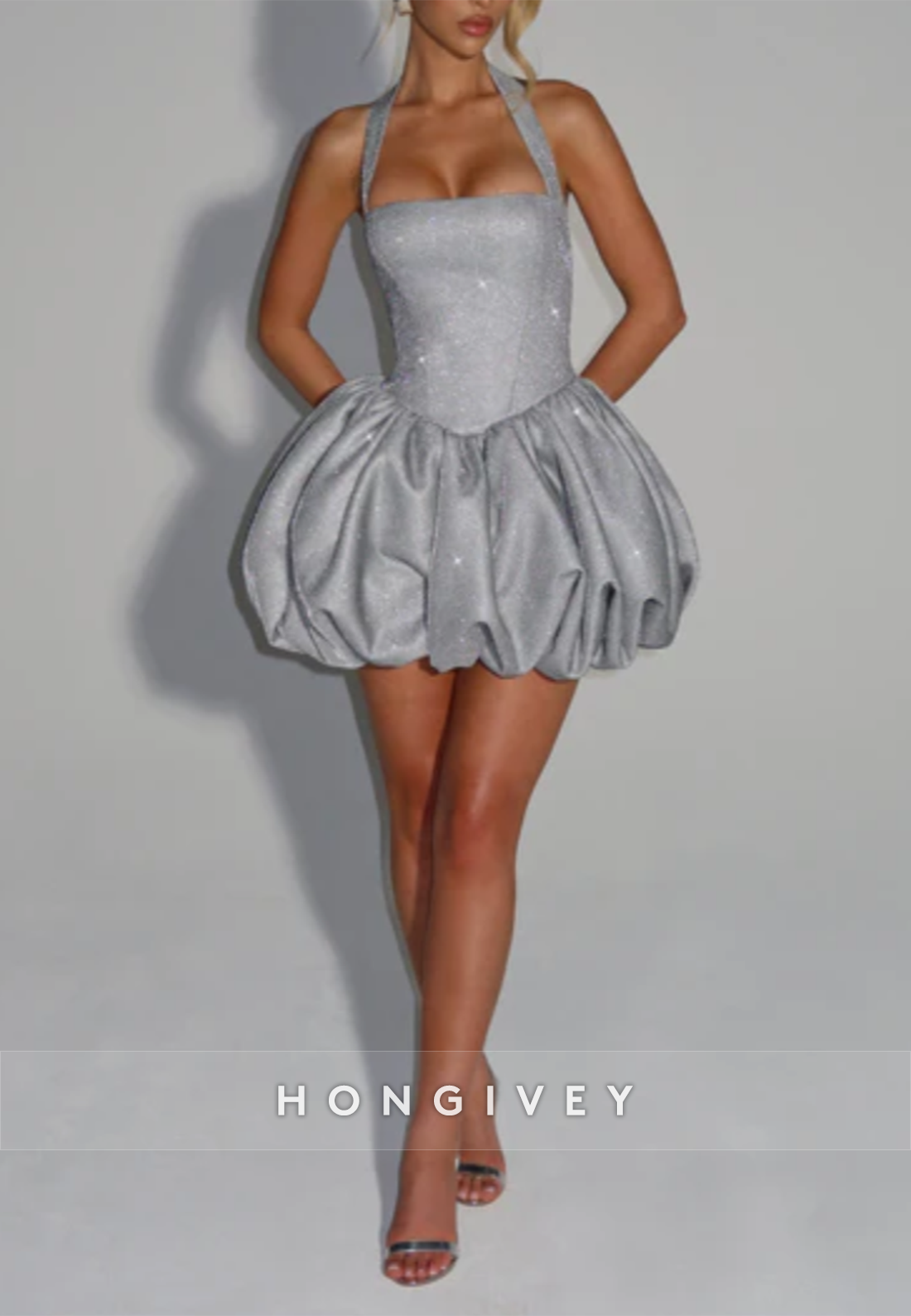 Halter Crisscross Back Glitter Sleeveless A-Line Square Neck Mini Homecoming Dresses