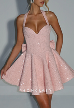 Halter Sleeveless Pleated Beading Short Princess Homecoming Dresses with Back Bowkont