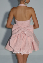 Halter Sleeveless Pleated Beading Short Princess Homecoming Dresses with Back Bowkont