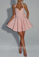 Halter Sleeveless Pleated Beading Short Princess Homecoming Dresses with Back Bowkont