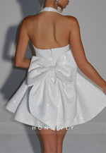 Halter Sleeveless Pleated Beading Short Princess Homecoming Dresses with Back Bowkont