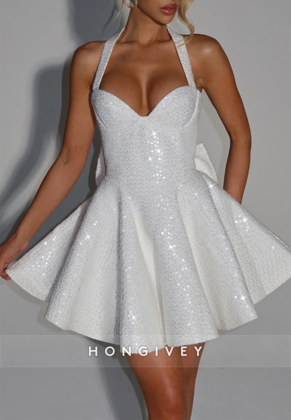 Halter Sleeveless Pleated Beading Short Princess Homecoming Dresses with Back Bowkont