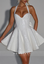 Halter Sleeveless Pleated Beading Short Princess Homecoming Dresses with Back Bowkont