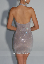 Sparkly Sexy Halter Low V-Neck Open Back Beading Mini Homecoming Dresses