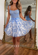 Square Neck Lace Regular Straps A-Line Low Back Short Homecoming Dress with Bowknot