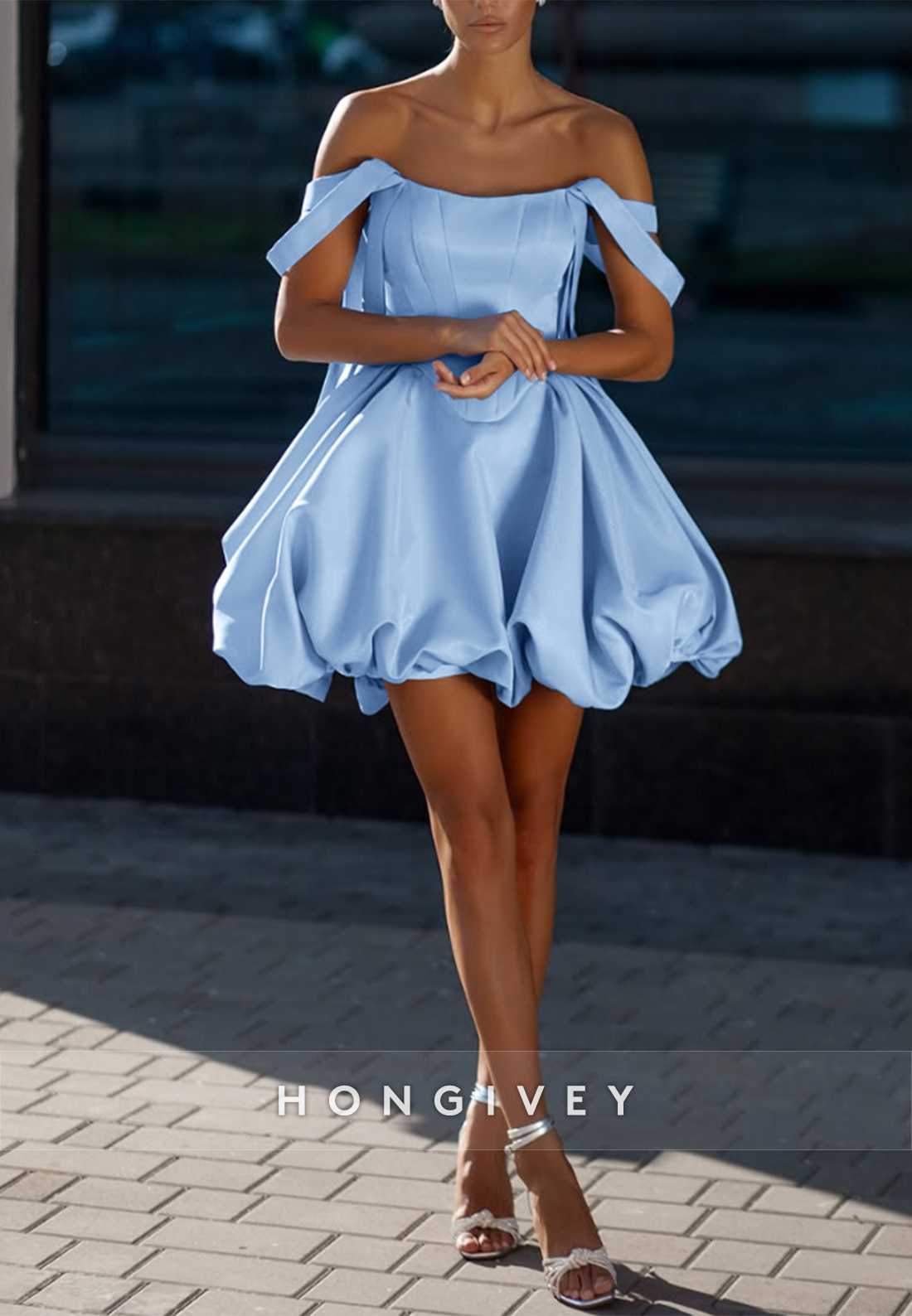 Sky Blue Off the Shoulder Princess Pleated Satin Short Homecoming Dresses