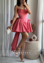 Strapless Crisscross Back A-Line Satin Pleated Short Homecoming Dresses with Bowknot