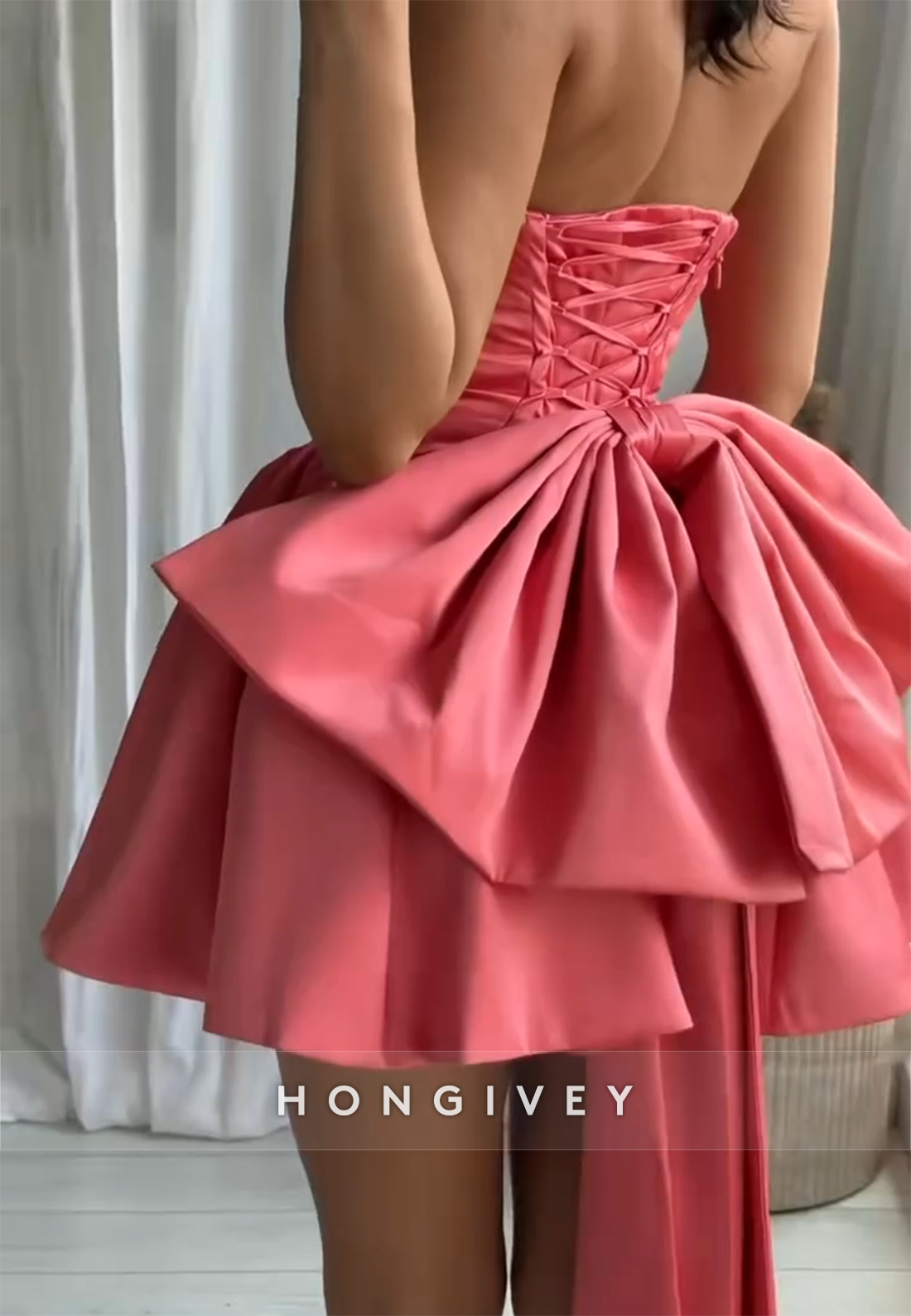 Strapless Crisscross Back A-Line Satin Pleated Short Homecoming Dresses with Bowknot