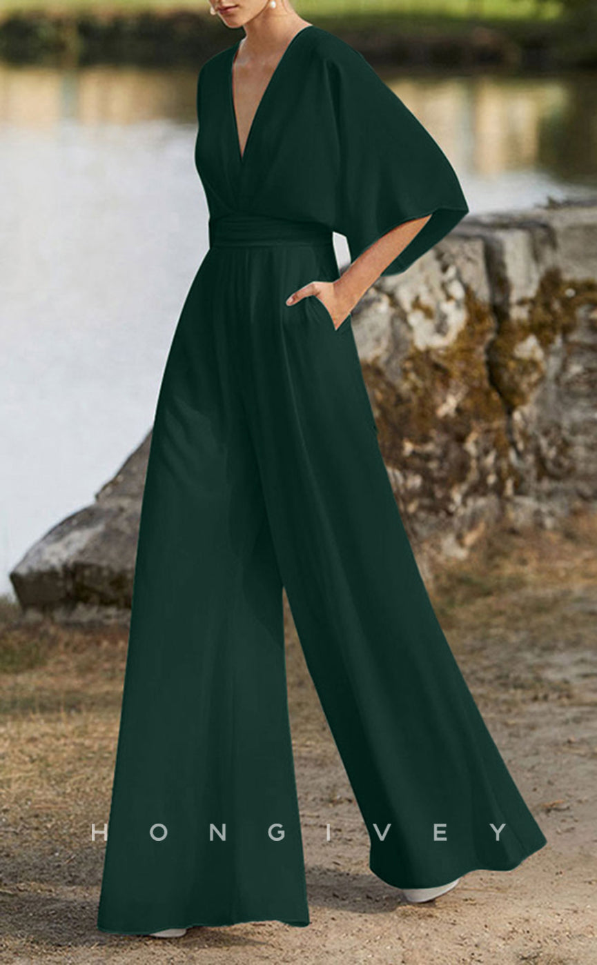 HM236 - V-Neck Half Sleeves Empire Jumpsuit Mother of the Bride Dress